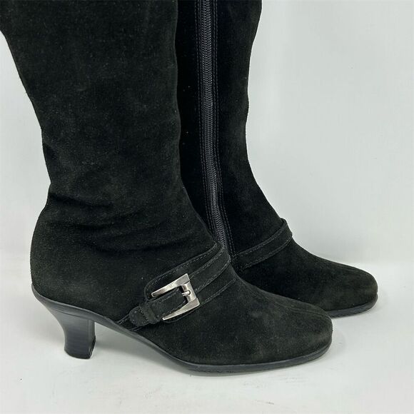 La Canadienne Women's Black Knee High Boots Size 8 Mid Heel Buckle Square Toe - Picture 2 of 12